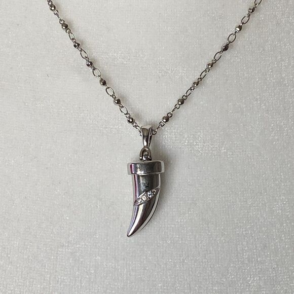 Stainless Steel Fang Necklace with Crystals, Tribal Gothic Silver Pendant - Picture 4 of 8